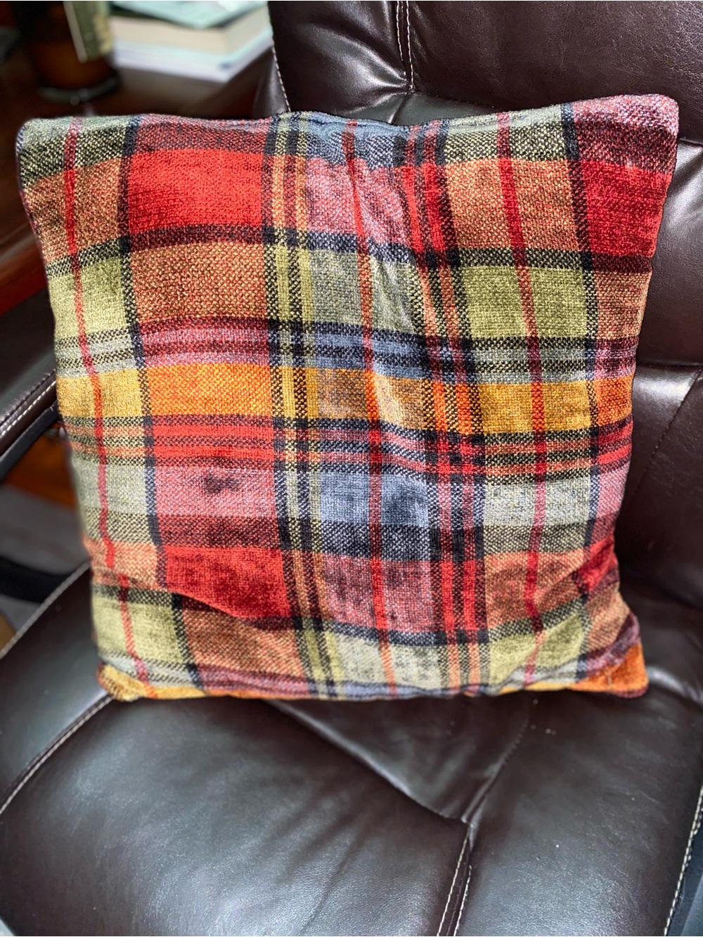 Autumnal Plaid Chenille Accent Pillow - Cozy Fall Decor
